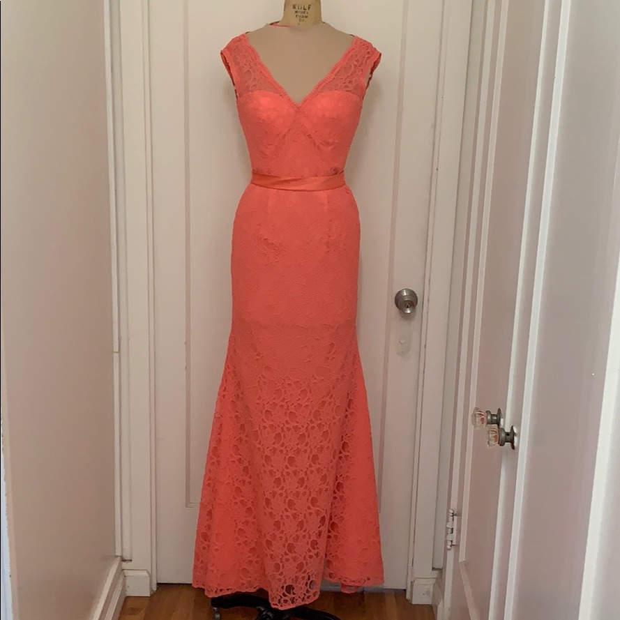 Coral Colored Lace Gown With Satin Tie